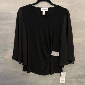 Joseph Ribkoff Elegant Black Sheer Flare Sleeve Ruched Side Blouse‎ Size 6 NWT